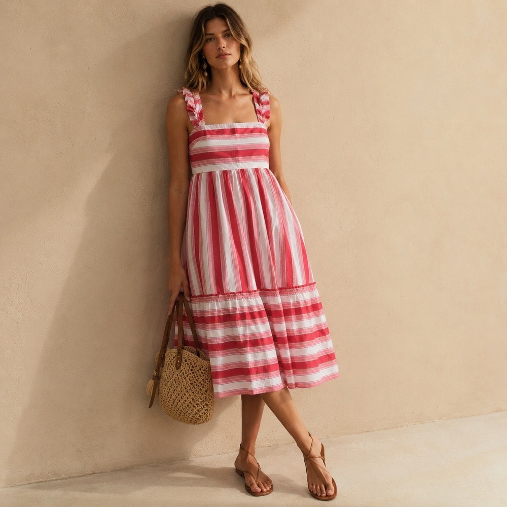 J. Crew Pink Stripe Ruffled Midi Dress Size 10 NWT